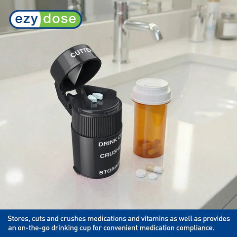 Two In One Pill Crusher And Cutter With Built In Storage, Travel Ready, Stainless Steel Blade, Removable Drinking Cup, BPA Free