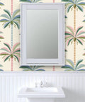Kickass Midcentury Modern Vinyl Wallpaper With Sleek Leather Texture And Heavy Duty Commercial Grade Durability Custom Printed Just For You To Level Up Any Interior Space Today with palm tree design near a mirror.