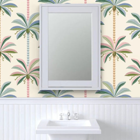 Kickass Midcentury Modern Vinyl Wallpaper With Sleek Leather Texture And Heavy Duty Commercial Grade Durability Custom Printed Just For You To Level Up Any Interior Space Today with palm tree design near a mirror.
