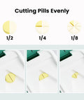 Pill Cutter And Splitter With Sharp Blade For Big Or Small Pills No Fuss BPA Free Food Grade Plastic with slices in halves, quarters, eighths