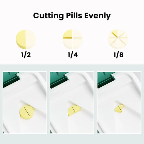 Pill Cutter And Splitter With Sharp Blade For Big Or Small Pills No Fuss BPA Free Food Grade Plastic with slices in halves, quarters, eighths