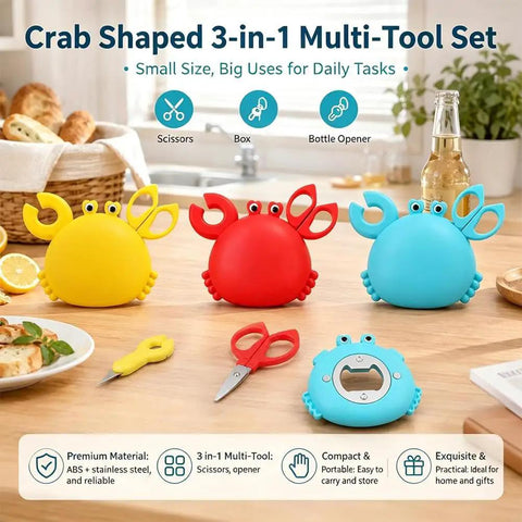 Three magnetic crab-shaped 4-in-1 multi-tool box cutters with bottle opener and mini scissors in yellow, red, and blue on a table.