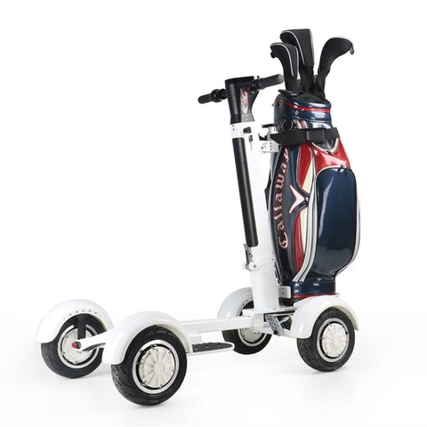Knock Out The Course With This Slick Four Wheel Electric Golf Cart Powered By A Beefy 1000W Motor And 10 Inch High Grip Tires That Folds Flat For Trunk Storage Plus A Tough Rolling Bag Holder And Swap Out Battery For All Day Cruising showing a white electric golf cart holding a golf bag.