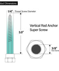 Diagram of Vertical Threaded Rod Anchor For Wood With Zinc Finish, showing 1/4 inch screw diameter, 3 inch length, 3/8 inch rod diameter.