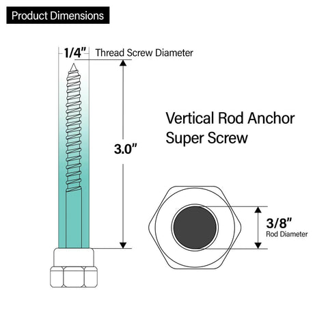 Diagram of Vertical Threaded Rod Anchor For Wood With Zinc Finish, showing 1/4 inch screw diameter, 3 inch length, 3/8 inch rod diameter.