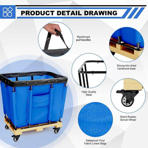 Top Shelf Heavy Duty Vinyl Basket Truck Glide Smooth Industrial Laundry Hamper Commercial Service Cart With Sturdy Wheels Blue Cover showing details