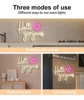 Hello Gorgeous Neon Sign for Girls Bedroom Wall Decor LED Light With Warm White Glow Perfect For Birthday Parties Weddings And Gifts 16.7x12.3 Inches showing three modes of use: desktop placement, wall-mounted, and line hanging.
