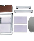 Components of an Aluminum Portable Folding Camp Kitchen Table With Windscreen Cupboard And Storage Organizer Carrying Bag for easy setup.
