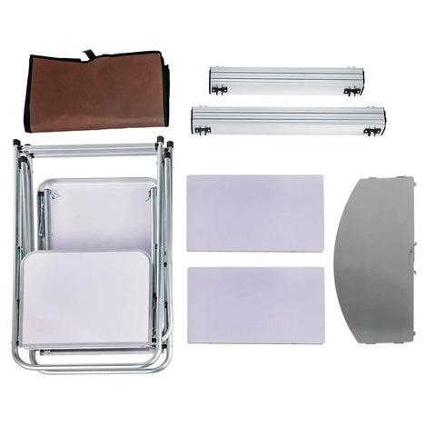 Components of an Aluminum Portable Folding Camp Kitchen Table With Windscreen Cupboard And Storage Organizer Carrying Bag for easy setup.