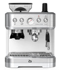 Top Shelf Stainless Steel Espresso Machine With Built In Grinder And Pid Temperature Control Packing 15 Bar Pump And Spacious Tank For Killer Barista Style Drip At Home, front view showing controls and portafilter.