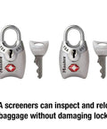 TSA Approved Keyed Luggage Lock 4689T, 2 Pack, Colors May Vary, Travel Lock For Backpacks, Bags, Briefcases, And Suitcases, Easy To Use Keyed Lock For Airport Security And On The Go, shown with keys and lock mechanism