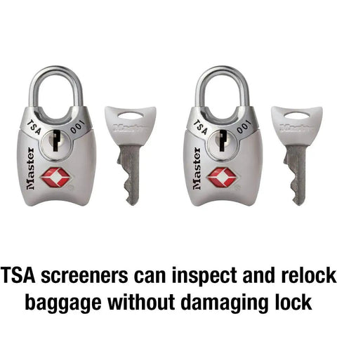 TSA Approved Keyed Luggage Lock 4689T, 2 Pack, Colors May Vary, Travel Lock For Backpacks, Bags, Briefcases, And Suitcases, Easy To Use Keyed Lock For Airport Security And On The Go, shown with keys and lock mechanism