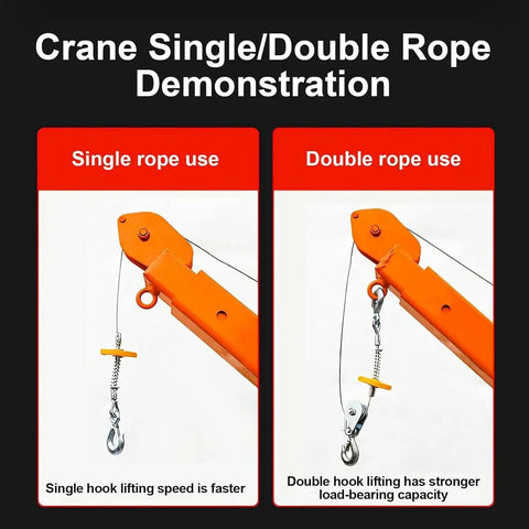 Crane Single/Double Rope Demonstration showing hook lifting mechanisms with orange jib arm for Heavy Duty Electric Pickup Truck Crane With 3500 Lbs Winch And 12V Galvanized Steel Jib Hoist Featuring 360 Rotating Boom For Rock Solid Shop Work And No Sweat Heavy Hauling.