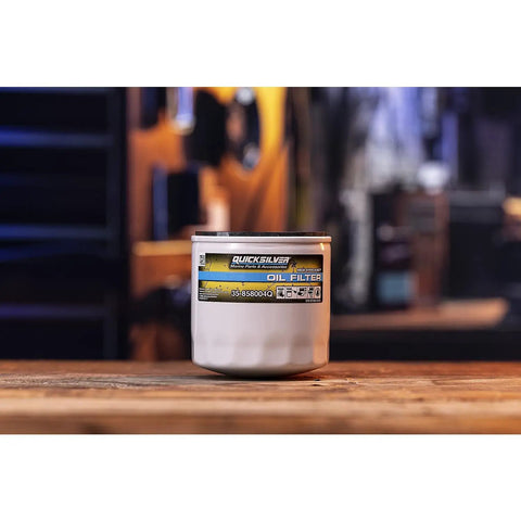 High Performance Oil Filter 858004Q For MerCruiser Sterndrive And Inboard Engines With Anti Drain Back Valve Synthetic Media Removes 97 Percent Of Oil Contaminants For Smooth Starts, image showing front label and structure