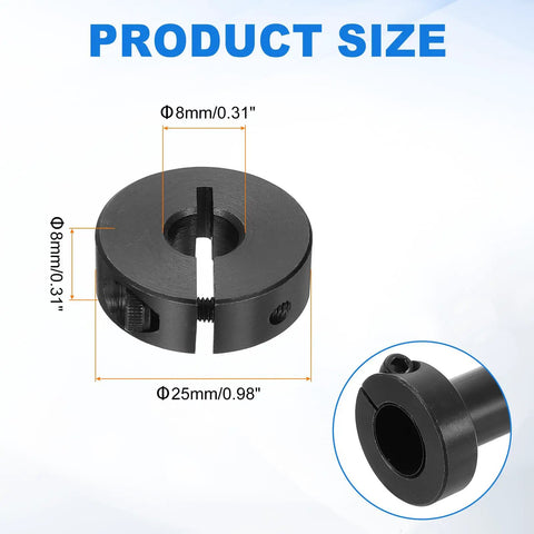 Four Piece 8mm Bore Single Split Shaft Collar With 25mm Outer Diameter And 8mm Thick Carbon Steel Black Oxide Clamp Collar With Set Screws For Heavy Duty Machinery And DIY Projects