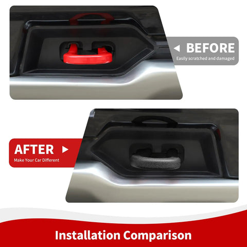 Before and after installation of rubber Tow Hook Cover For Chevy Silverado 1500 2007 To 2024 Front Bumper Rubber Black Accessory Fits GMC Sierra 1500.