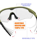 Anti Fog Tactical Shooting Glasses With Ballistic Eye Protection For Hunting, Airsoft, Range Training, Pickleball, And Lab Work, ANSI Z87.1 Plus Safety, OSHA Compliant, Bow Frame Design For Comfort, Durability, And Crystal Clear Vision with adjustable nosepad and temple tips.