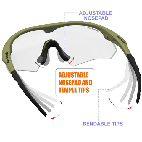Anti Fog Tactical Shooting Glasses With Ballistic Eye Protection For Hunting, Airsoft, Range Training, Pickleball, And Lab Work, ANSI Z87.1 Plus Safety, OSHA Compliant, Bow Frame Design For Comfort, Durability, And Crystal Clear Vision with adjustable nosepad and temple tips.
