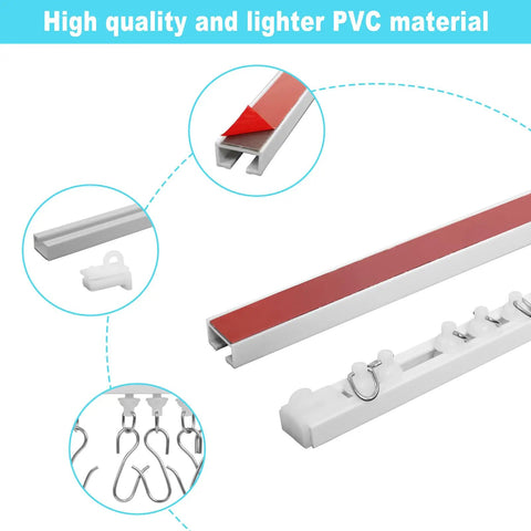 Self Adhesive Curtain Track For No Drill Ceiling Or Wall Mount 9.8 Ft Curtain Rail With Smooth Glide For RV Trailer And Home Easy Install Heavy Duty Adhesive Ceiling Track System, PVC track with hooks