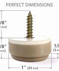 Close-up of 8 Pack 1 Inch Screw On Chair Sliders Floor Protectors For All Surfaces showing dimensions and screw attachment.