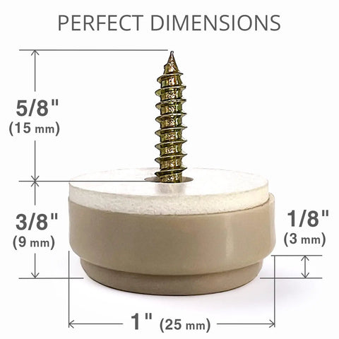 Close-up of 8 Pack 1 Inch Screw On Chair Sliders Floor Protectors For All Surfaces showing dimensions and screw attachment.