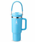 40 Oz Double Wall Insulated Travel Tumbler With Detachable Paracord Handle And Leakproof Lid in blue with a handle.