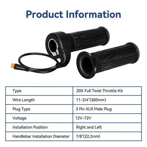 Universal 3 Pin Ebike Throttle Full Twist Grip Kit with 3-pin XLR plug, 7/8 inch clamp size, for electric bikes and motorcycles.