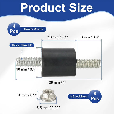 Hella Durable Rubber Isolator Mounts With Badass Anti Vibration Damping For Motors and Air Compressor Engine Shock Absorber Studs Includes Top Shelf Lock Nuts showing dimensions and 4 isolator mounts and 8 lock nuts.