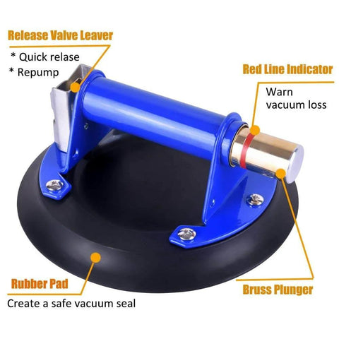 Beefy 10 Inch Metal Vacuum Suction Cup With Metal Handle And Brass Pump For Glass Lifting Up To 265 Lbs, showing parts labeled
