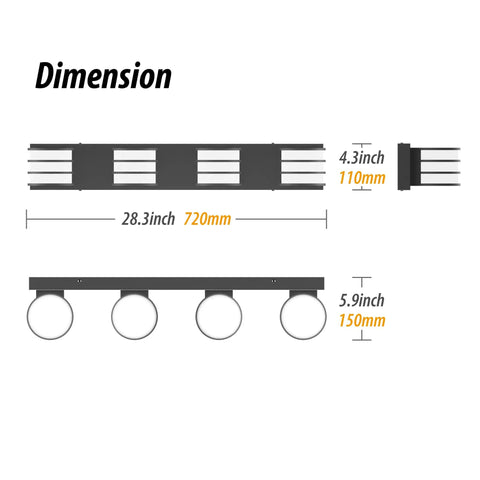 Diagram of dimensions for Lit Four Light LED Vanity Fixture In Matte Black With White Acrylic Shades, 28.4 Inch Long, 6000K.