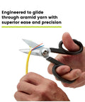 Kevlar Shears For Fiber Optic Cable Cutting, 5.5 Inch Industrial Grade High Carbon Steel Scissors being used to cut yellow cable