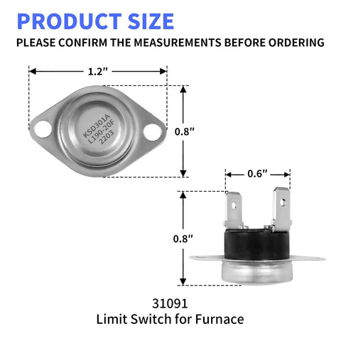RV Furnace Limit Switch Replacement 190F High Temp Switch For Atwood Hydro Flame Dometic Heaters 31091 Compatible