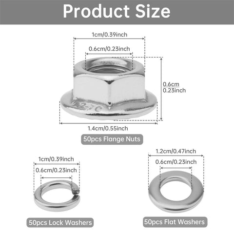 Product size diagram of 50 Sets M6 Hex Serrated Flange Nuts Kit with 304 Stainless Steel Lock Nuts, washers included.
