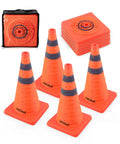4 Pack 18 Inch Collapsible Traffic Cones Orange With Reflective Collar For Road Safety Driving Practice And Parking Lot Use Foldable Pop Up Cones High Visibility And Easy Storage In Your Car Or Garage shown folded and expanded