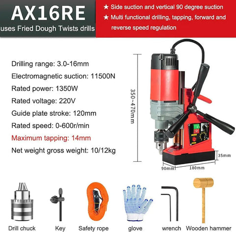 Highly Portable Magnetic Drill Press With 1350W Motor And 16mm Boring For Precise Metal Wood Tapping, showing specifications and included accessories.