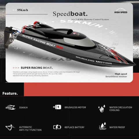 Rad Remote Control Speed Boat With LED Lights And Waterproof Roof And 2.4 GHz Control High Power Brushless Motor Reaching Up To 45 kmh Omni Directional Steering Auto Flip Water Cooling Built For Serious Hobbyists And Casual Lakeside Fun on display with features.