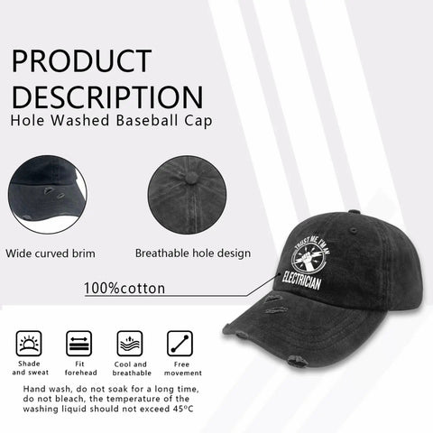 Trust Me I Am An Electrician Hat With Laser Engraved Design on black baseball cap with breathable holes and curved brim