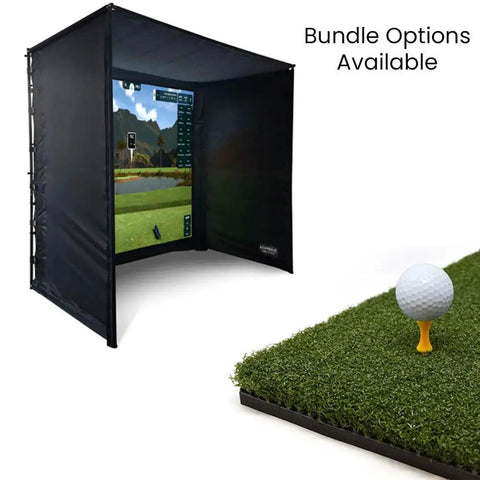 Launch Pro Ball Data Launch Monitor for indoor and outdoor golf setup with simulator tent and practice mat.