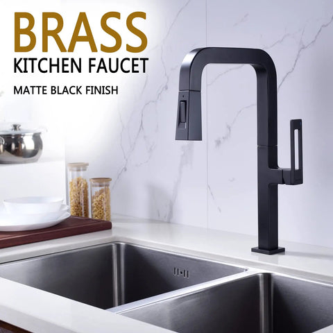 Brass Kitchen Faucet With Pull Down Sprayer, Square Matte Black Single Hole Bar Sink Faucet next to a modern double sink