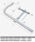 Heavy Duty F Clamp With Drop Forged Steel Construction showing size dimensions and adjustable features for woodworking tasks.