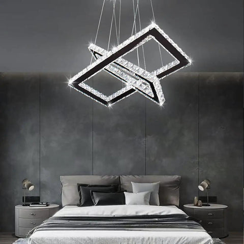 Modern Crystal Chandelier With Rectangular Double Ring LED Pendant Light 6000K Cool White Non Dimmable Height Adjustable Hanging Fixture