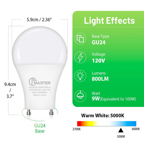 GU24 LED Light Bulb 9W 800 Lumens 5000K Daylight A19 Shape Twist And Lock Base Two Prongs Non Dimmable UL ETL Certified 16 Pack