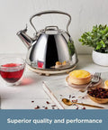 Specialty Stainless Steel Tea Kettle, 2 Quart, Induction Ready Pot with Visible Fill Line and Whistle on a white kitchen surface
