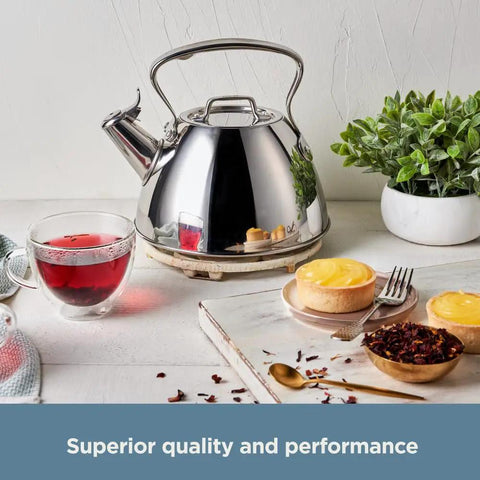 Specialty Stainless Steel Tea Kettle, 2 Quart, Induction Ready Pot with Visible Fill Line and Whistle on a white kitchen surface