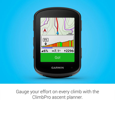 Edge 540 Compact GPS Cycling Computer with button controls displaying elevation map and navigation features.