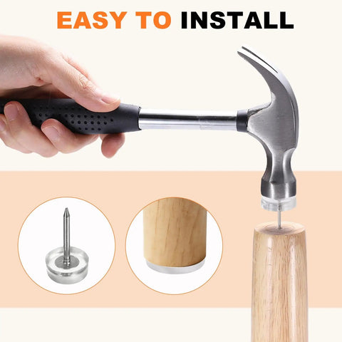 Hand using a hammer to install No Sweat 24 Pack Transparent Furniture Sliders With NailOn Pins on wood furniture leg.