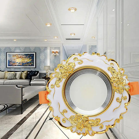 XYIANG Vintage Resin Downlight Round Recessed Lighting Housing Trim Kits Led Recessed Lighting Led Round Ceiling Light Kit Ceiling Lights Fixture Or Flat Baffle Trim,White-3W with ornate gold design.