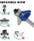 Heavy Duty Workhorse 4 Piece 45 Degree Chamfer Router Bit Set With Quarter Inch Shank and Premium Carbide Tips close up view, showing compatibility with various routers.