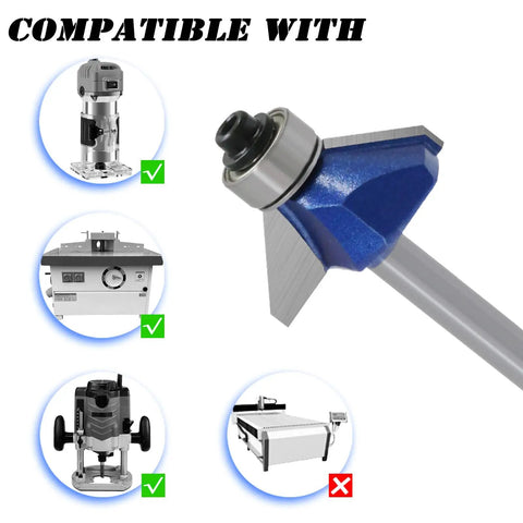 Heavy Duty Workhorse 4 Piece 45 Degree Chamfer Router Bit Set With Quarter Inch Shank and Premium Carbide Tips close up view, showing compatibility with various routers.