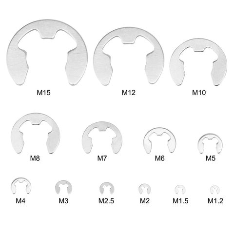 Assorted sizes of stainless steel E clips from the Stainless Steel E Clips And Circlips Washer Kit With 580 Piece Assortment For External Retaining Rings 1.2 To 15 Mm Fit Pulleys And Shafts Pro Grade Durable Industrial Hardware Set For Home Shop Or Automotive Projects.